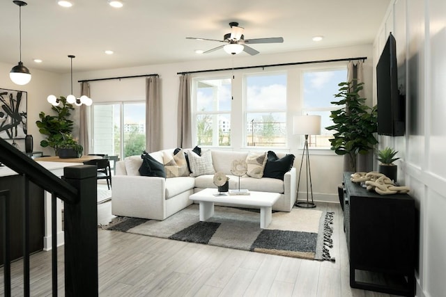 2604 Jack Nora Way, Round Rock, TX 78665 - living area featuring recessed lighting, light wood-style floors, and ceiling fan