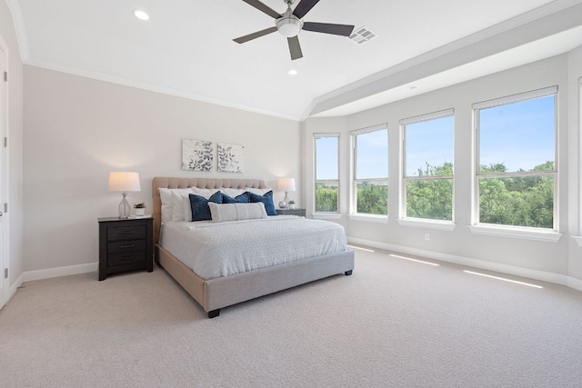 200 S Sage Holw, Dripping Springs, TX 78620 - bedroom featuring light colored carpet, crown molding, lofted ceiling, recessed lighting, and ceiling fan