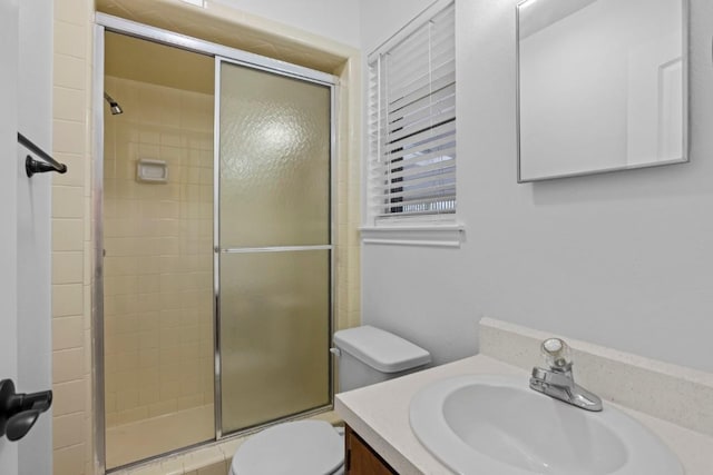 full bath with vanity, toilet, and a stall shower
