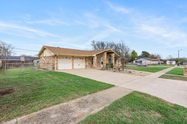 ranch-style home with fence, concrete driveway, stone siding, a front yard, and a garage