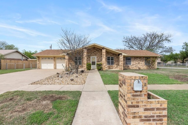 ranch-style home with a front lawn, driveway, fence, a garage, and brick siding