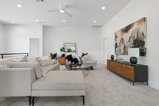 6103 Twin Ledge Dr, Austin, TX 78731 - living room featuring recessed lighting, light colored carpet, and a ceiling fan