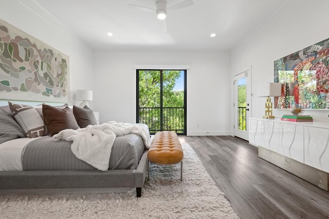 6103 Twin Ledge Dr, Austin, TX 78731 - bedroom with access to outside, wood finished floors, crown molding, recessed lighting, and a ceiling fan
