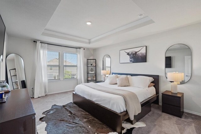 145 Fiery Skipper Ln, Georgetown, TX 78626 - bedroom featuring carpet, a tray ceiling, baseboards, and arched walkways