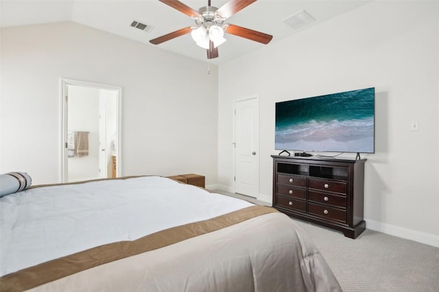 161 Caraway, Kyle, TX 78640 - carpeted bedroom featuring baseboards, vaulted ceiling, ceiling fan, and ensuite bath