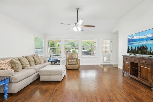 161 Caraway, Kyle, TX 78640 - living room with a ceiling fan, dark wood-style flooring, baseboards, and vaulted ceiling
