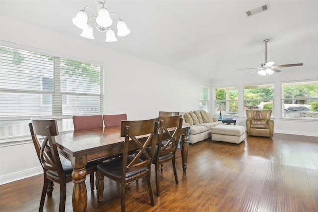 dining area with baseboards, dark wood-type flooring, visible vents, and plenty of natural light