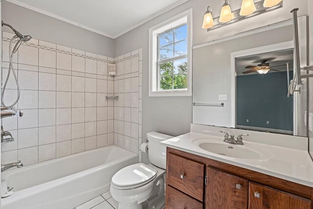 full bathroom with tile patterned floors, bathing tub / shower combination, toilet, ceiling fan, and vanity