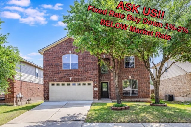 4001 Veiled Falls Dr, Pflugerville, TX 78660 - traditional home with driveway, an attached garage, a front yard, brick siding, and central air condition unit