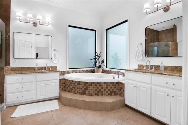 20 Hedgebrook Way, The Hills, TX 78738 - bathroom featuring crown molding, a stall shower, two vanities, a bath, and tile patterned floors