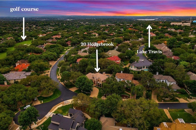 20 Hedgebrook Way, The Hills, TX 78738 - aerial view at dusk of a residential view