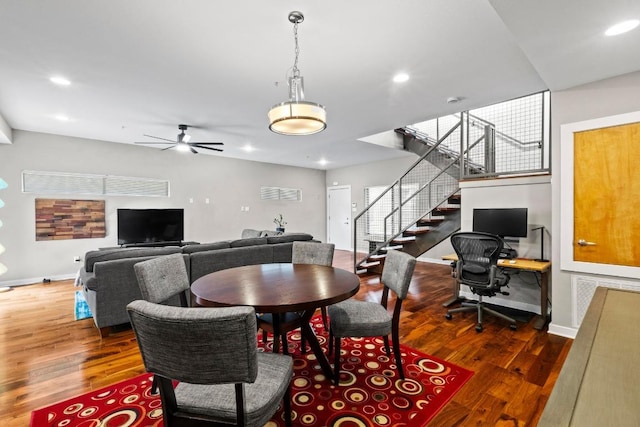 503 Swanee Dr Unit 11, Austin, TX 78752 - dining room featuring wood finished floors, stairway, ceiling fan, recessed lighting, and an office area