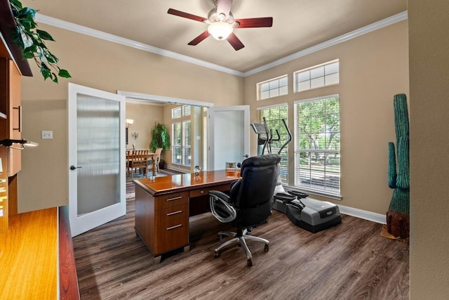 135 N Tumbleweed Trl, Austin, TX 78733 - office featuring dark wood finished floors, crown molding, healthy amount of natural light, and ceiling fan