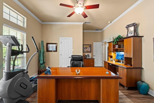 135 N Tumbleweed Trl, Austin, TX 78733 - office with dark wood-type flooring, ceiling fan, and crown molding