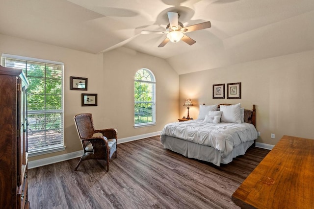 135 N Tumbleweed Trl, Austin, TX 78733 - bedroom with dark wood finished floors, a ceiling fan, and lofted ceiling