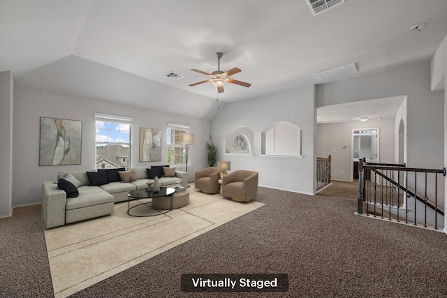 188 Rock Vista Run, Austin, TX 78737 - living room featuring carpet, lofted ceiling, ceiling fan, and baseboards