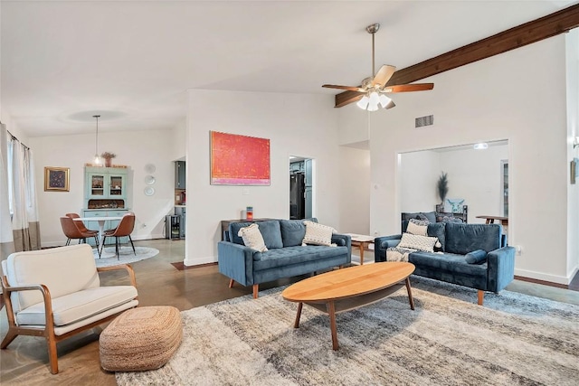 9458 Singing Quail Dr, Austin, TX 78758 - living room with ceiling fan and high vaulted ceiling
