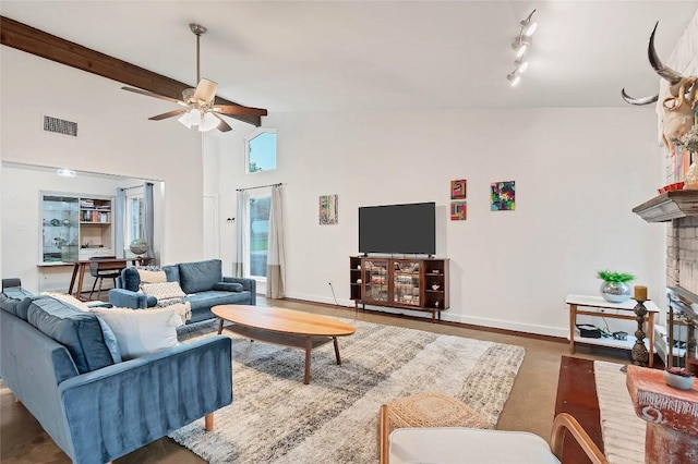 9458 Singing Quail Dr, Austin, TX 78758 - living room featuring a ceiling fan, a fireplace, high vaulted ceiling, and beamed ceiling
