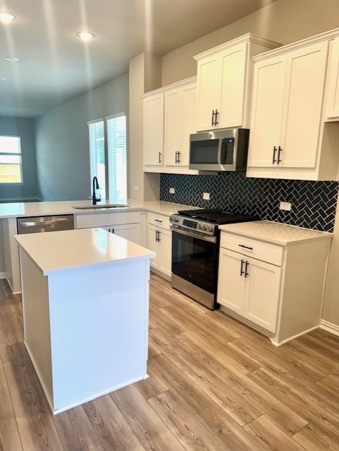 1155 Roger Hanks Pkwy, Dripping Springs, TX 78620 - kitchen with stainless steel appliances, a peninsula, light countertops, light wood-type flooring, and healthy amount of natural light