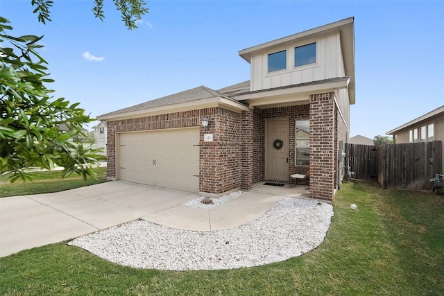 view of front of property featuring board and batten siding, brick siding, an attached garage, and driveway