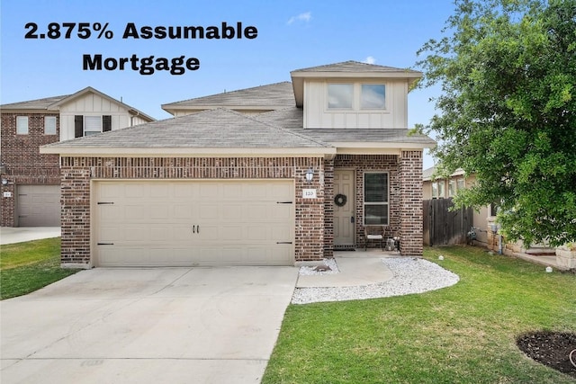 view of front of home with brick siding, concrete driveway, a shingled roof, and a garage