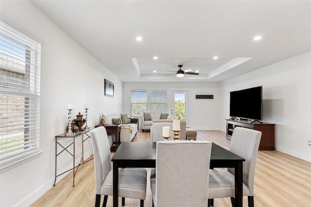 11604 Gaelic Dr, Austin, TX 78754 - dining space with a raised ceiling, a ceiling fan, light wood-style flooring, and recessed lighting