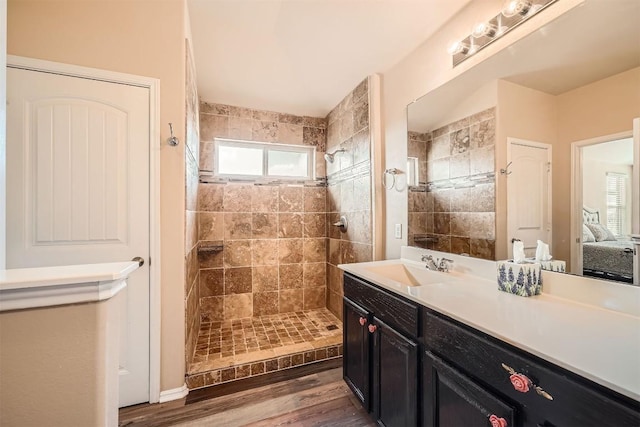 1432 Blake St, Leander, TX 78641 - bathroom with a walk in shower, vanity, wood finished floors, and connected bathroom
