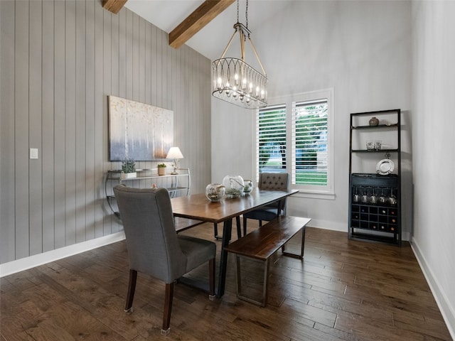 9806 Inca Ln, Austin, TX 78733 - dining room with dark wood finished floors, beamed ceiling, high vaulted ceiling, wooden walls, and a chandelier