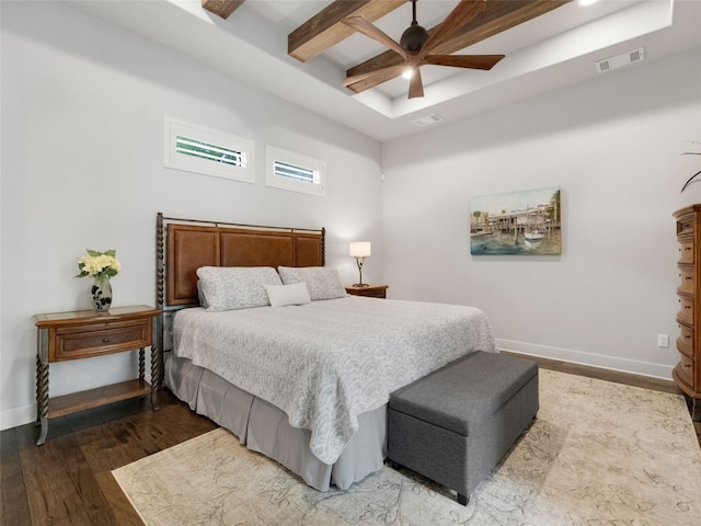 9806 Inca Ln, Austin, TX 78733 - bedroom featuring wood finished floors, beamed ceiling, and ceiling fan