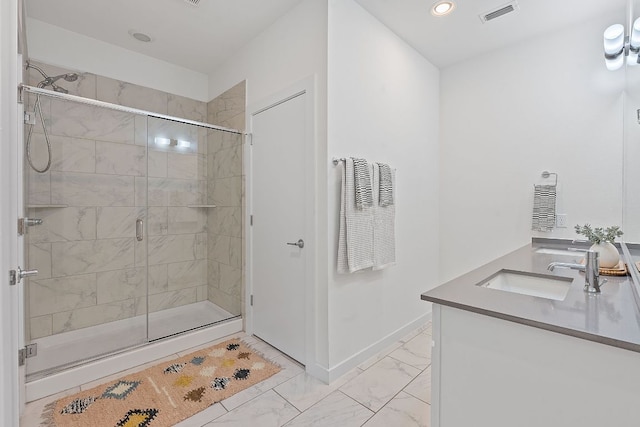 705 N Bluff Dr Unit 14, Austin, TX 78745 - full bathroom featuring marble finish flooring, vanity, a stall shower, and recessed lighting
