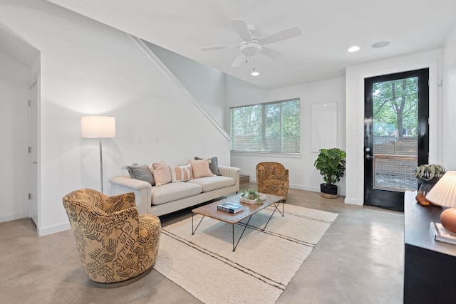 705 N Bluff Dr Unit 14, Austin, TX 78745 - living room featuring concrete floors, recessed lighting, and ceiling fan