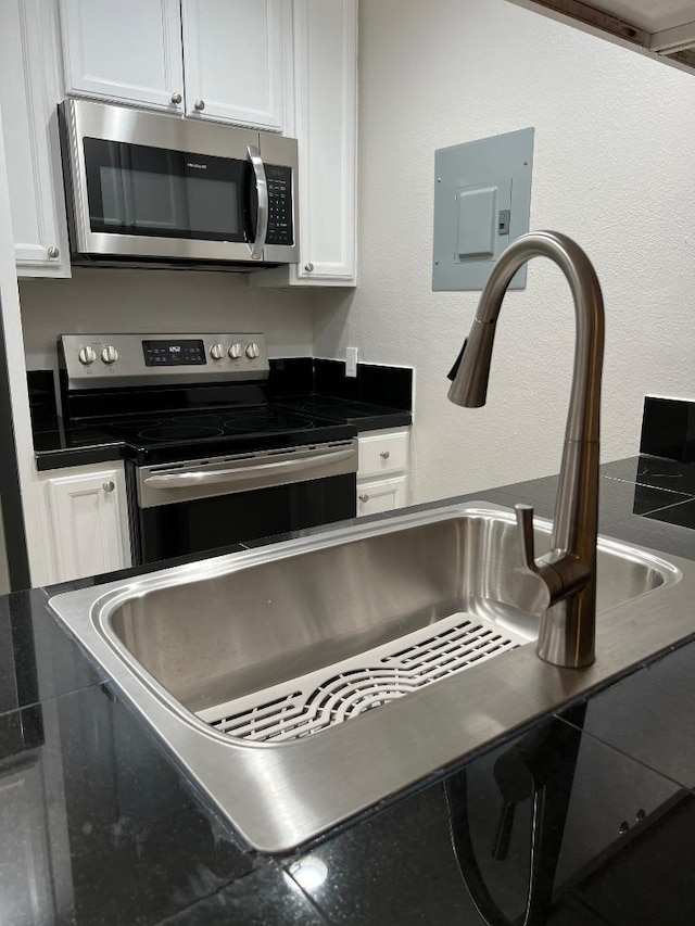 room details with dark countertops, white cabinetry, stainless steel appliances, and electric panel