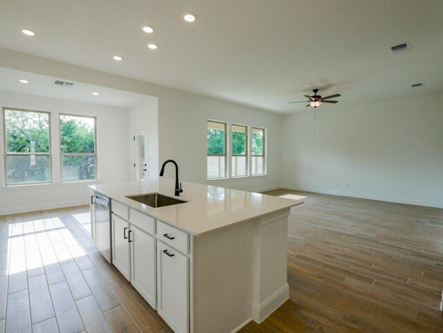 1705 Cayuga St, Leander, TX 78641 - kitchen with a sink, wood finished floors, dishwasher, ceiling fan, and recessed lighting