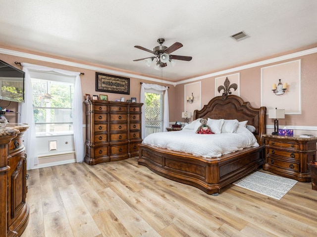 16019 Dark Ln, Austin, TX 78717 - bedroom featuring light wood finished floors, ornamental molding, and ceiling fan