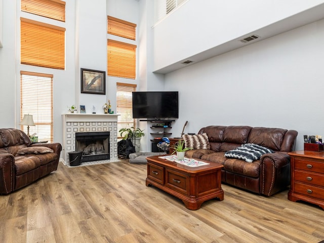 16019 Dark Ln, Austin, TX 78717 - living area with a towering ceiling, light wood-type flooring, plenty of natural light, and a fireplace