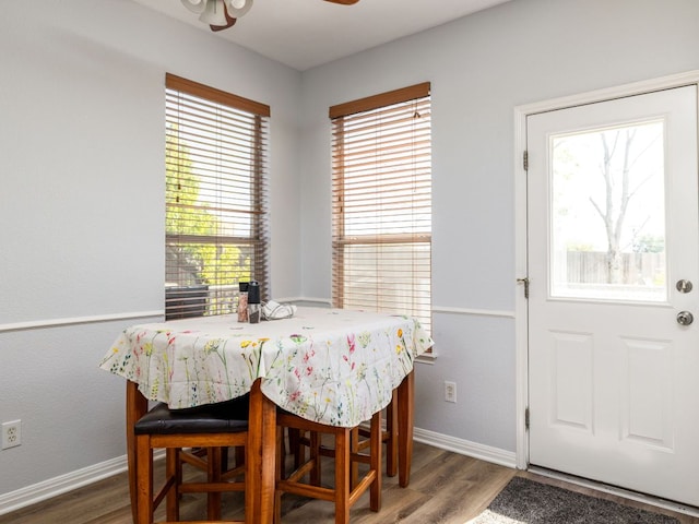 16019 Dark Ln, Austin, TX 78717 - dining room featuring wood finished floors, ceiling fan, and baseboards