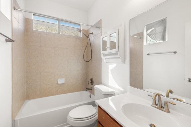 full bath with shower / bath combination, toilet, and vanity