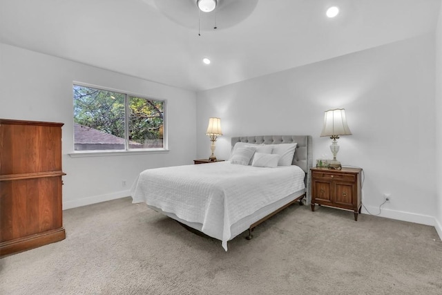 carpeted bedroom featuring a ceiling fan, baseboards, and recessed lighting