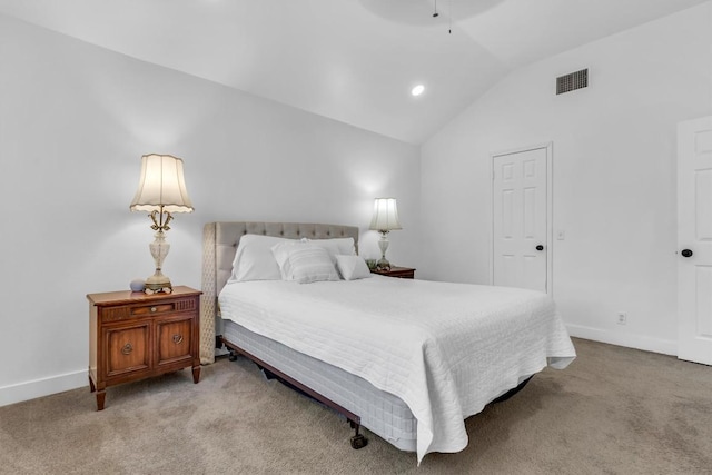 bedroom featuring vaulted ceiling, baseboards, visible vents, carpet, and ceiling fan