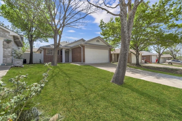 single story home featuring a front lawn, driveway, fence, brick siding, and an attached garage