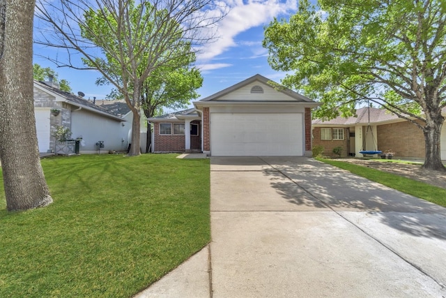 ranch-style house featuring concrete driveway, a front lawn, brick siding, and a garage