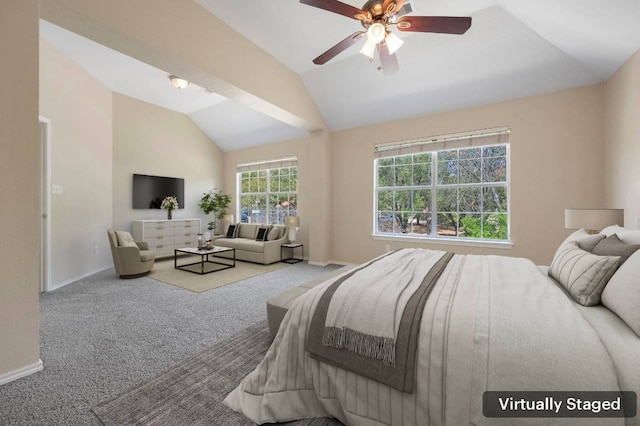 13321 Kirkglen Dr, Austin, TX 78727 - bedroom featuring lofted ceiling, carpet floors, baseboards, and a ceiling fan