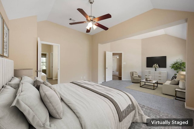 13321 Kirkglen Dr, Austin, TX 78727 - carpeted bedroom with lofted ceiling and a ceiling fan