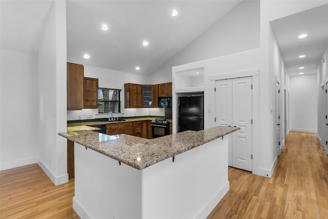 2105 Brackenridge St, Austin, TX 78704 - kitchen with black appliances, light wood-style floors, light stone countertops, lofted ceiling, and glass insert cabinets