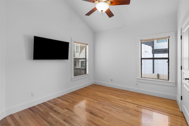 2105 Brackenridge St, Austin, TX 78704 - empty room featuring healthy amount of natural light, lofted ceiling, light wood-type flooring, and a ceiling fan