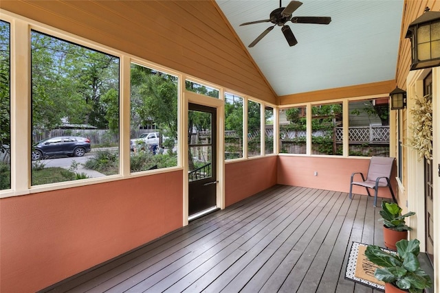 2105 Brackenridge St, Austin, TX 78704 - unfurnished sunroom featuring lofted ceiling and ceiling fan