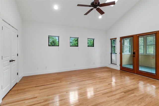 2105 Brackenridge St, Austin, TX 78704 - unfurnished bedroom with french doors, high vaulted ceiling, light wood finished floors, access to exterior, and recessed lighting