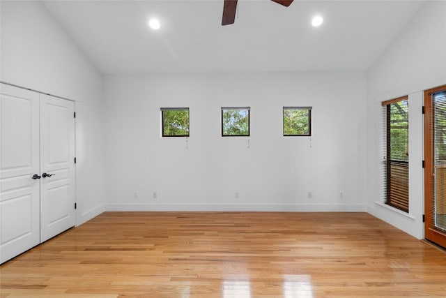2105 Brackenridge St, Austin, TX 78704 - unfurnished bedroom featuring recessed lighting, light wood-type flooring, access to outside, ceiling fan, and lofted ceiling