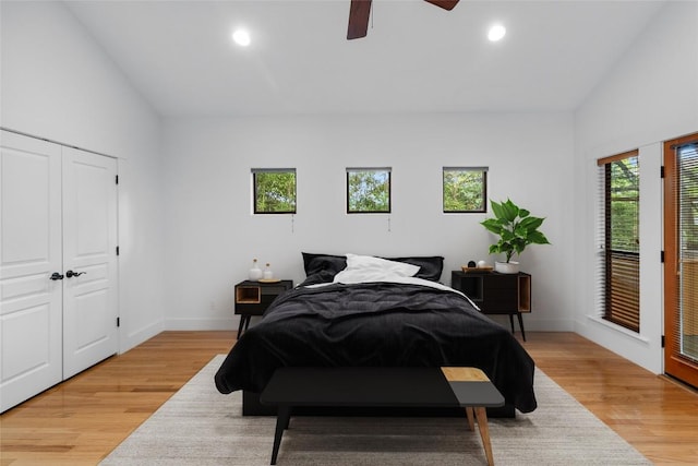 2105 Brackenridge St, Austin, TX 78704 - bedroom with light wood finished floors, recessed lighting, a ceiling fan, high vaulted ceiling, and access to outside