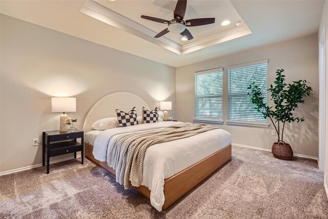 10504 Abana Way, Austin, TX 78748 - carpeted bedroom with a tray ceiling, crown molding, and a ceiling fan